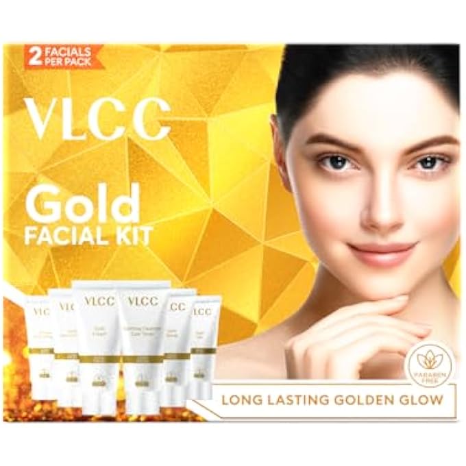 VLCC GOLD FACIAL KIT FOR BRIGHT & GLOWING SKIN 60G | 6-STEP FACIAL KIT WITH GOLD INFUSED PRODUCTS | CLEANSER, SCRUB, GEL, CREAM, PEEL-OFF MASK, & MOISTURIZING GEL | INSTANT GLOW & HYDRATION. - Image 1